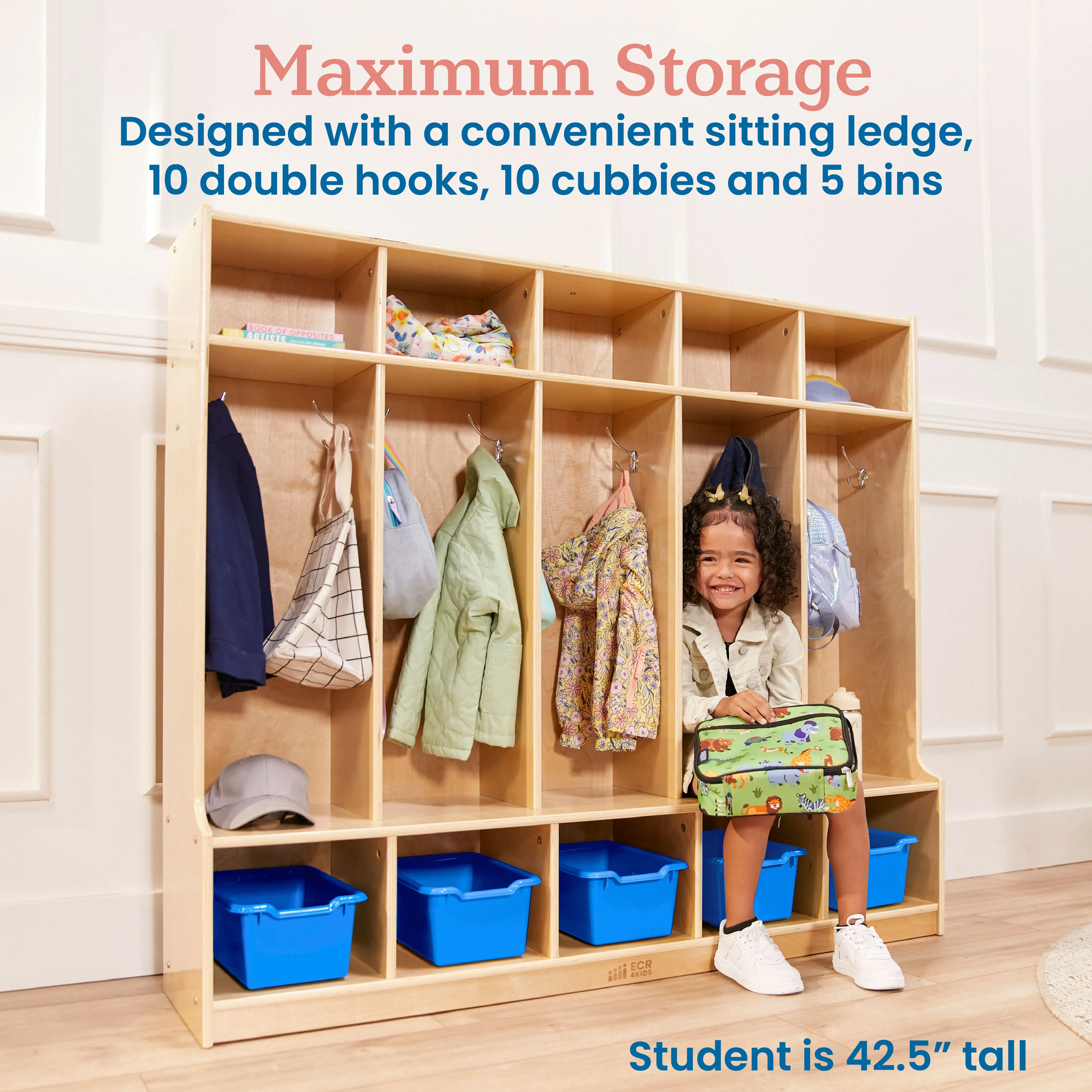 5-Section Coat Locker with Bench and 5 Scoop Front Storage Bins