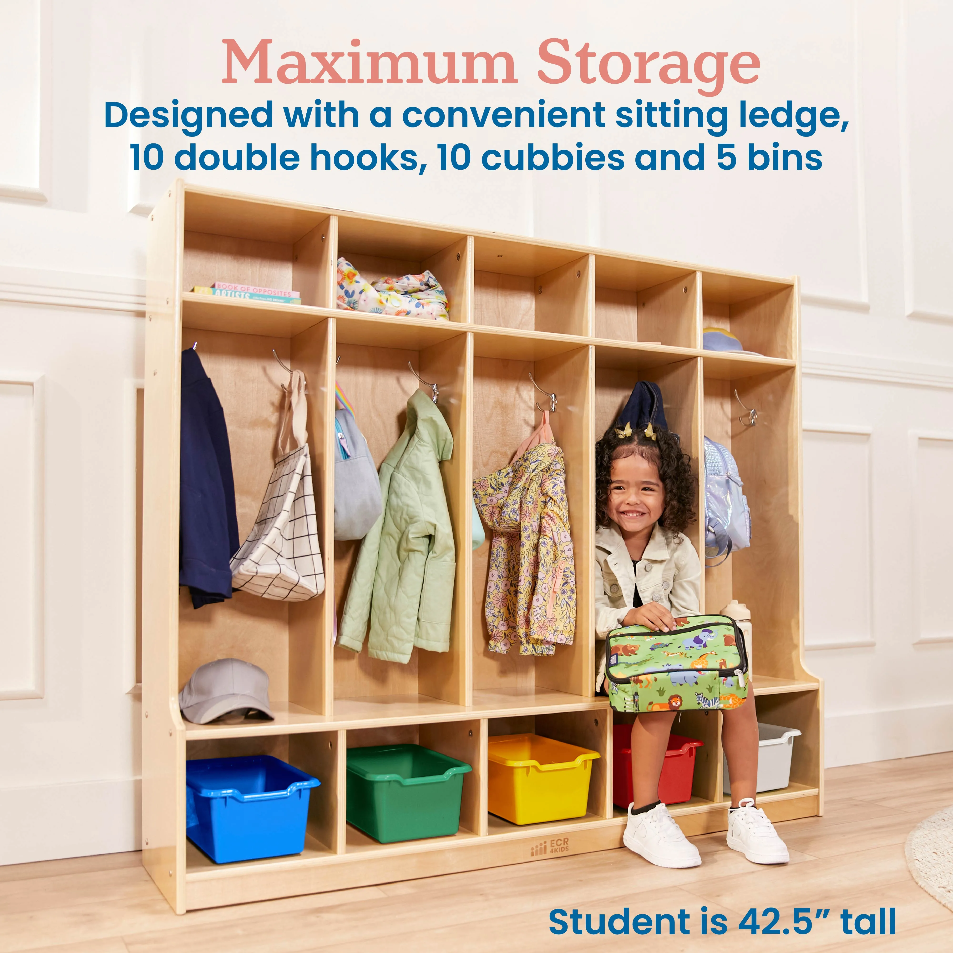 5-Section Coat Locker with Bench and 5 Scoop Front Storage Bins