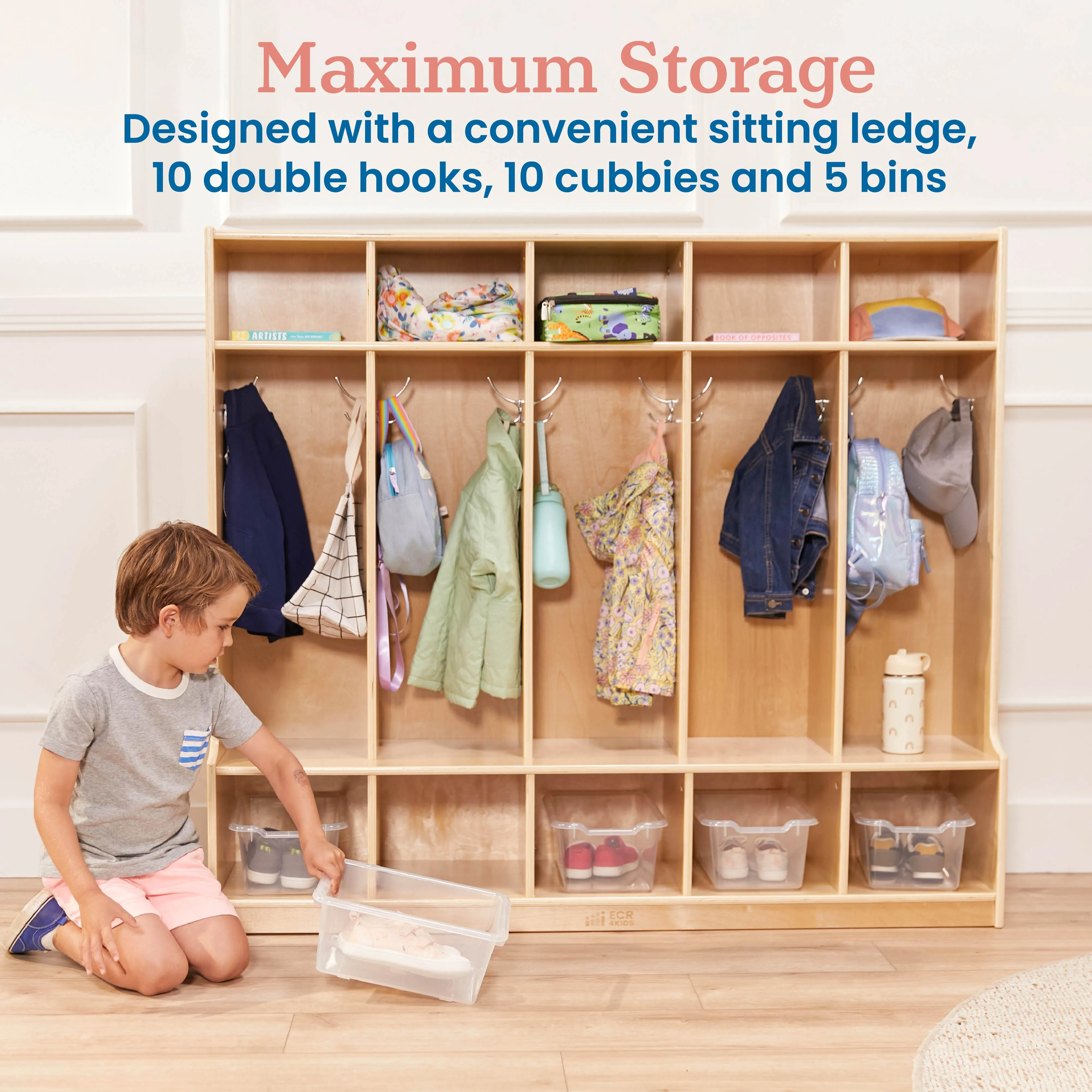 5-Section Coat Locker with Bench and 5 Scoop Front Storage Bins