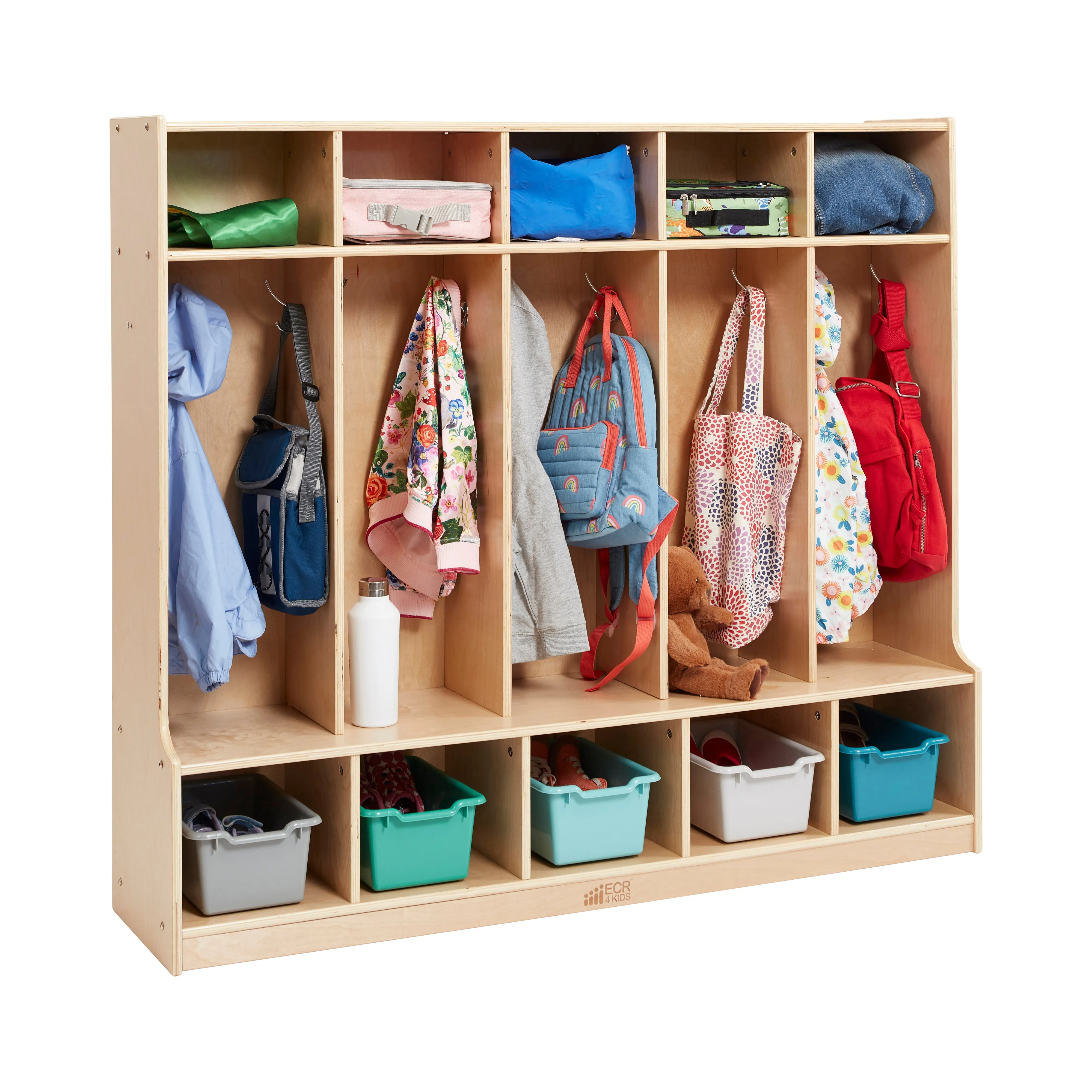 5-Section Coat Locker with Bench and 5 Scoop Front Storage Bins