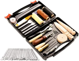 50 Pieces Leather Working Tools and Supplies with Leather Tool Box Prong Punch Edge Beveler Wax Ropes Needles Perfect for Stitching Punching