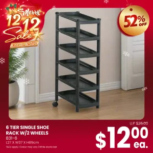 6 TIER SINGLE SHOE RACK W/2 WHLS (831-6)