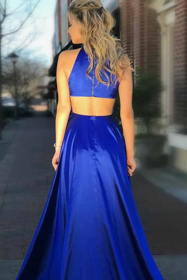 A-Line Round Neck Royal Blue Satin Prom Dress with Split Pockets  PG640