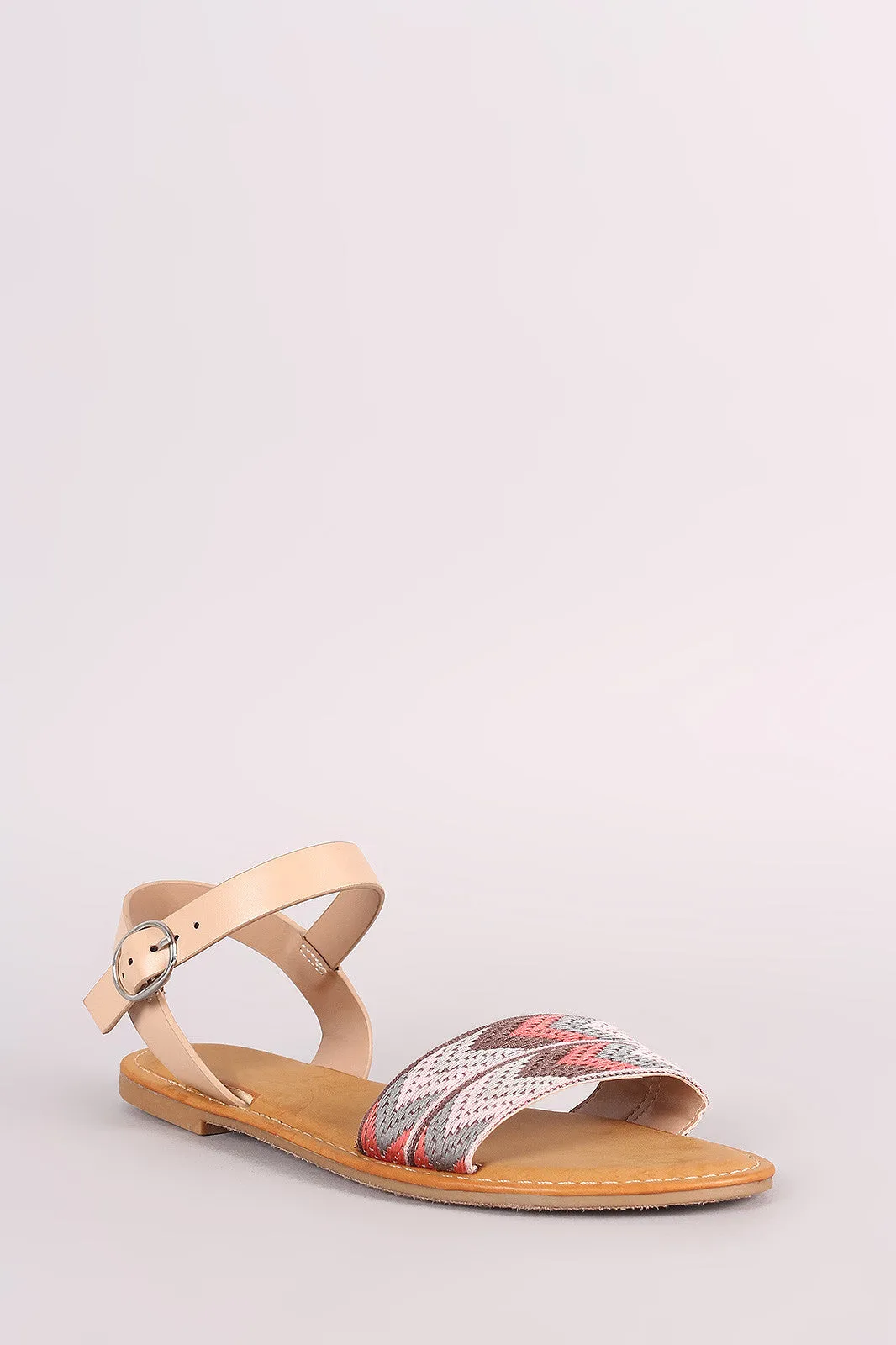 Bamboo Embroidered Chevron Ankle Strap Flat Sandal