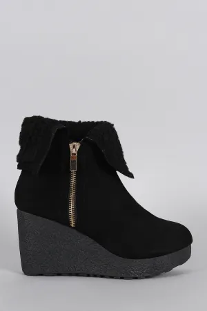 Bamboo Suede Faux Fur Cuff Wedge Bootie