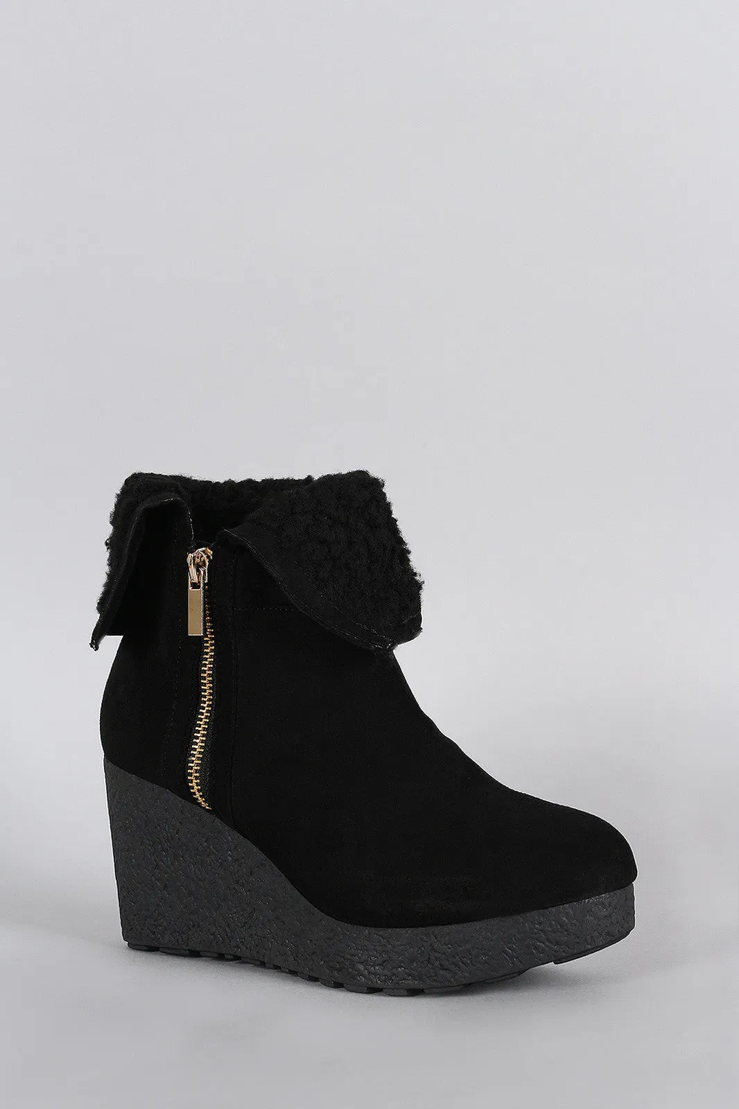 Bamboo Suede Faux Fur Cuff Wedge Bootie