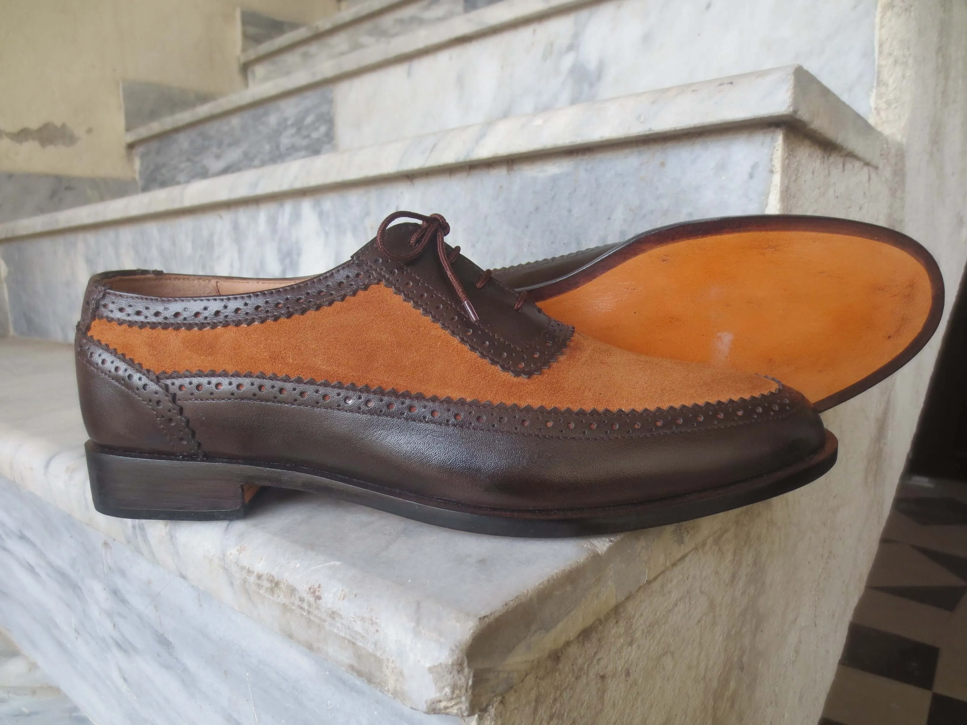 Bespoke Brown & Tan Leather Suede Lace Up Shoe for Men