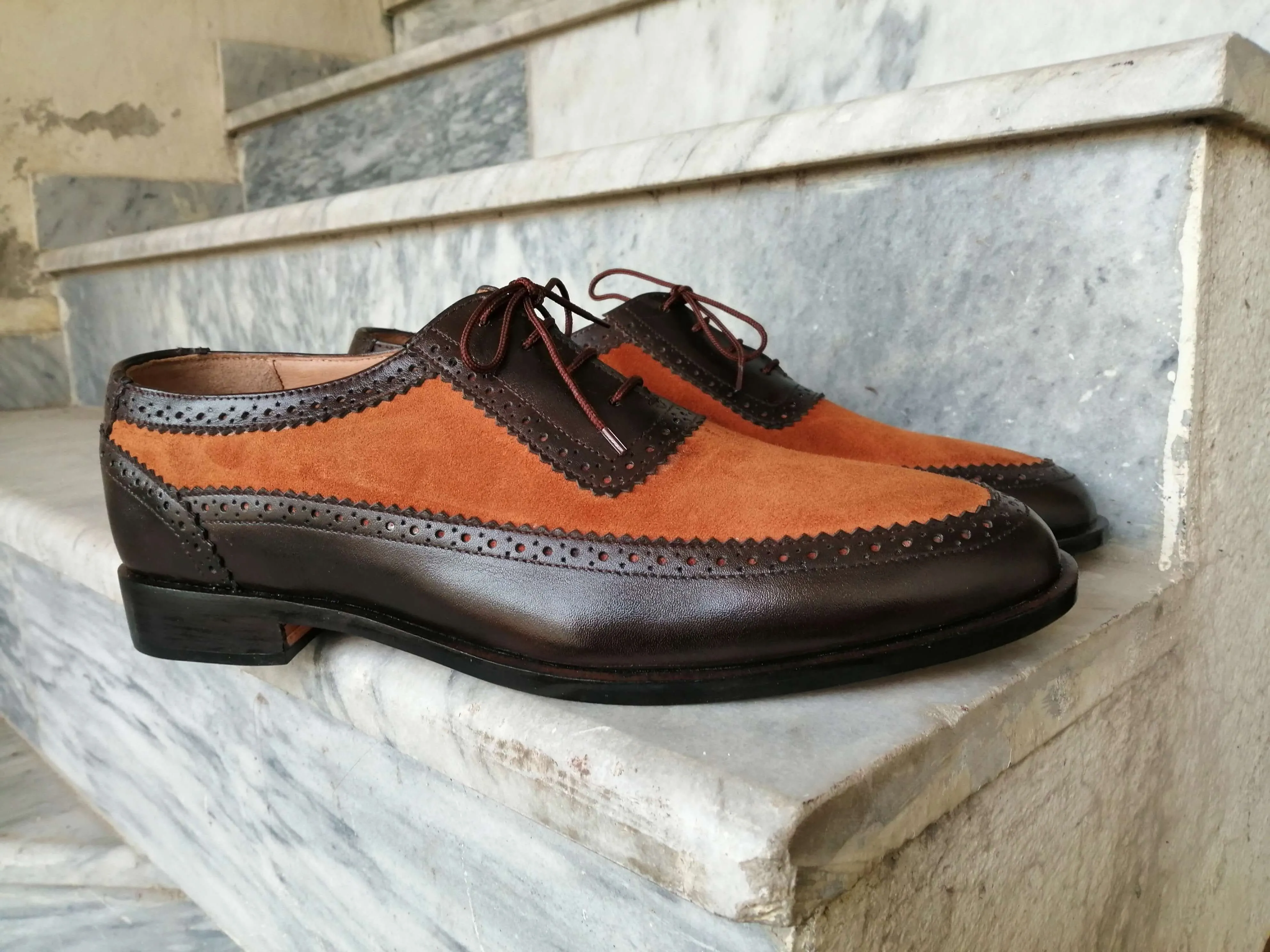 Bespoke Brown & Tan Leather Suede Lace Up Shoe for Men