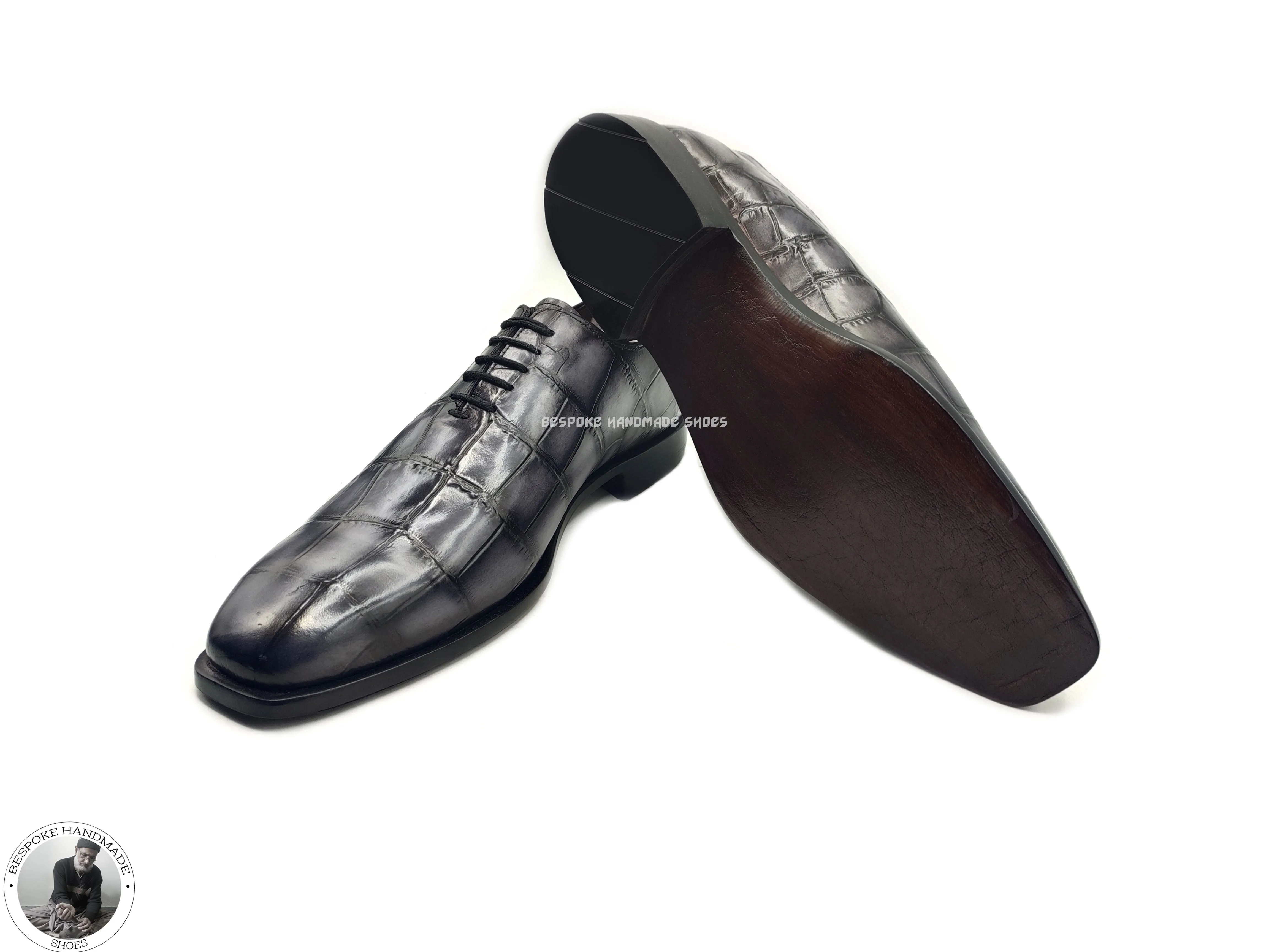 Bespoke Pure Handmade Grey Alligator Leather Black Shaded textured Lace Up Oxford Shoes For Men, Elegant Shoes For Men