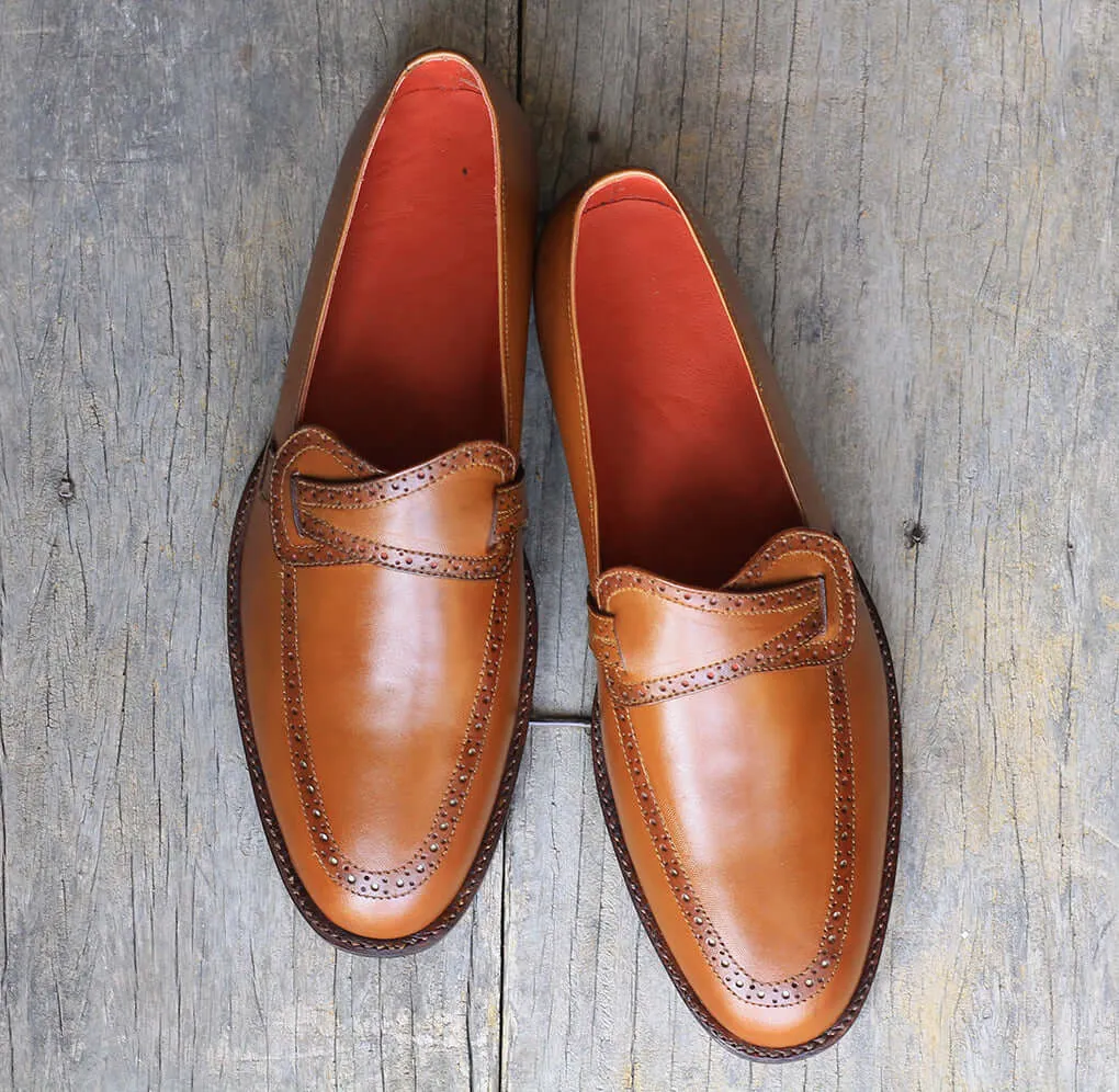 Bespoke Tan Leather Penny Loafer For Men's