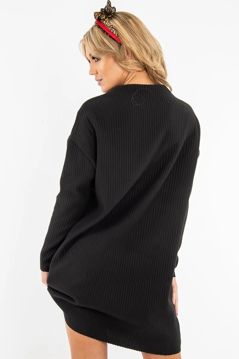 Black Chunky Rib Slash Neck Jumper Dress - Kameron