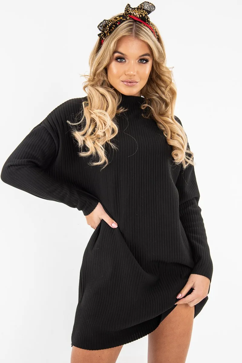 Black Chunky Rib Slash Neck Jumper Dress - Kameron