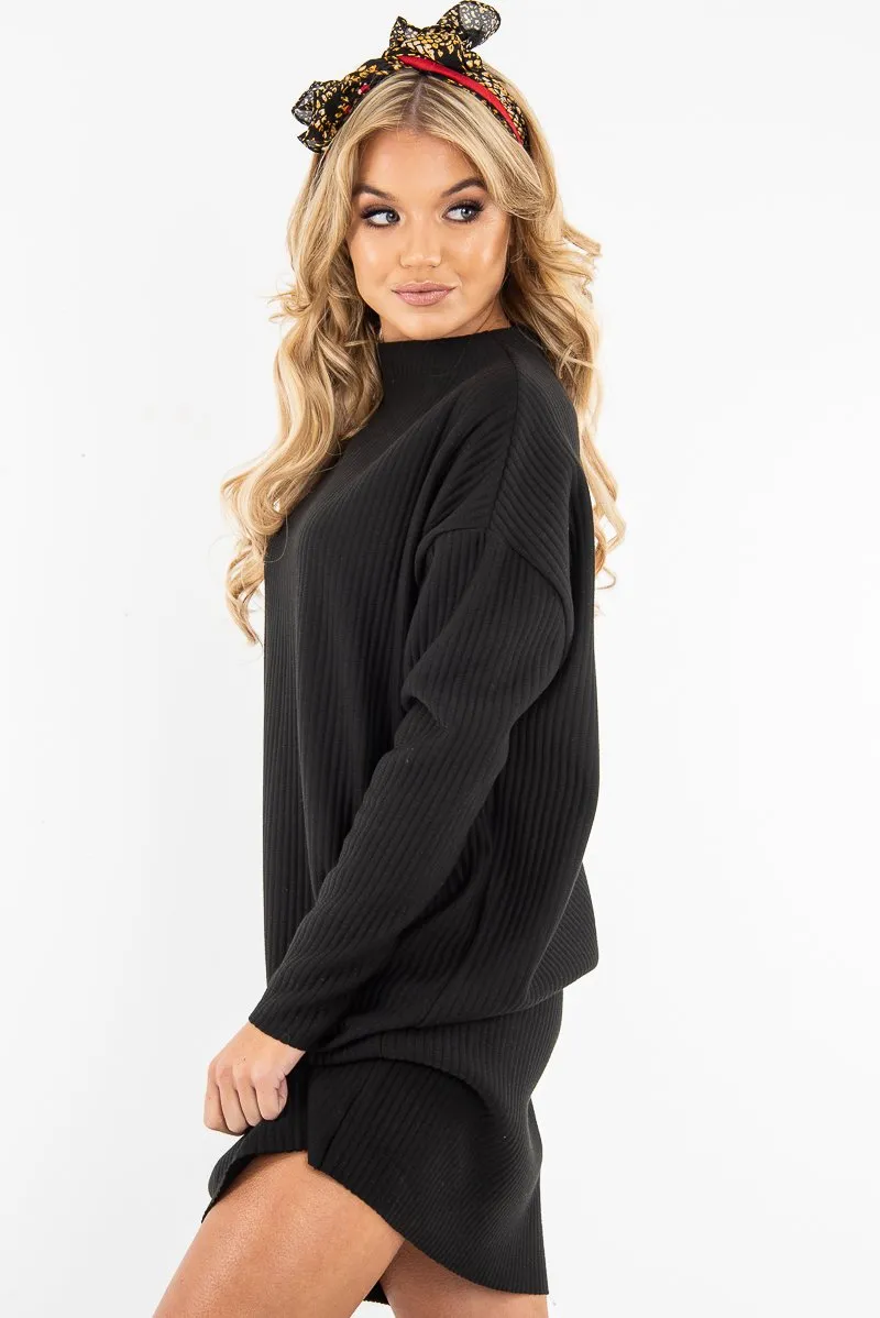 Black Chunky Rib Slash Neck Jumper Dress - Kameron