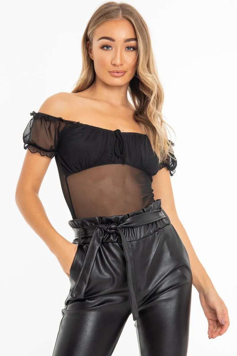 Black Mesh Puff Sleeve Tie Front Bodysuit - Suki