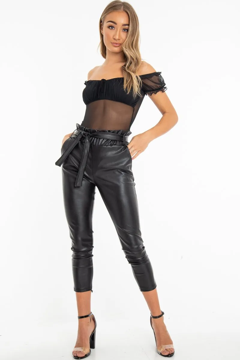 Black Mesh Puff Sleeve Tie Front Bodysuit - Suki