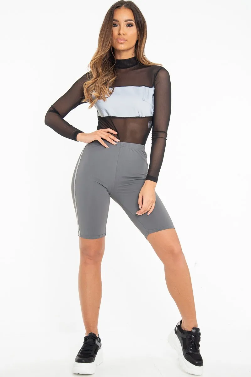 Black Mesh Reflective Insert Bodysuit - Kharis