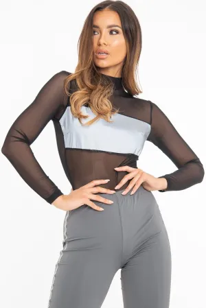 Black Mesh Reflective Insert Bodysuit - Kharis