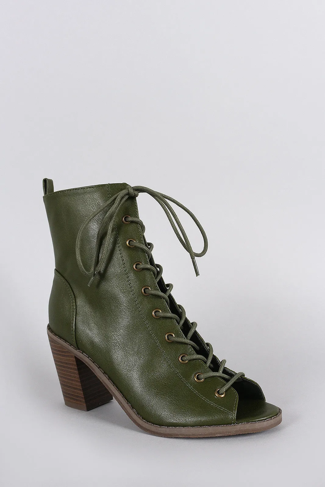 Breckelle Combat Lace Up Peep Toe Heeled Ankle Boots