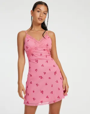 Coline Mini Dress in Pink Ditsy Daisy Embro