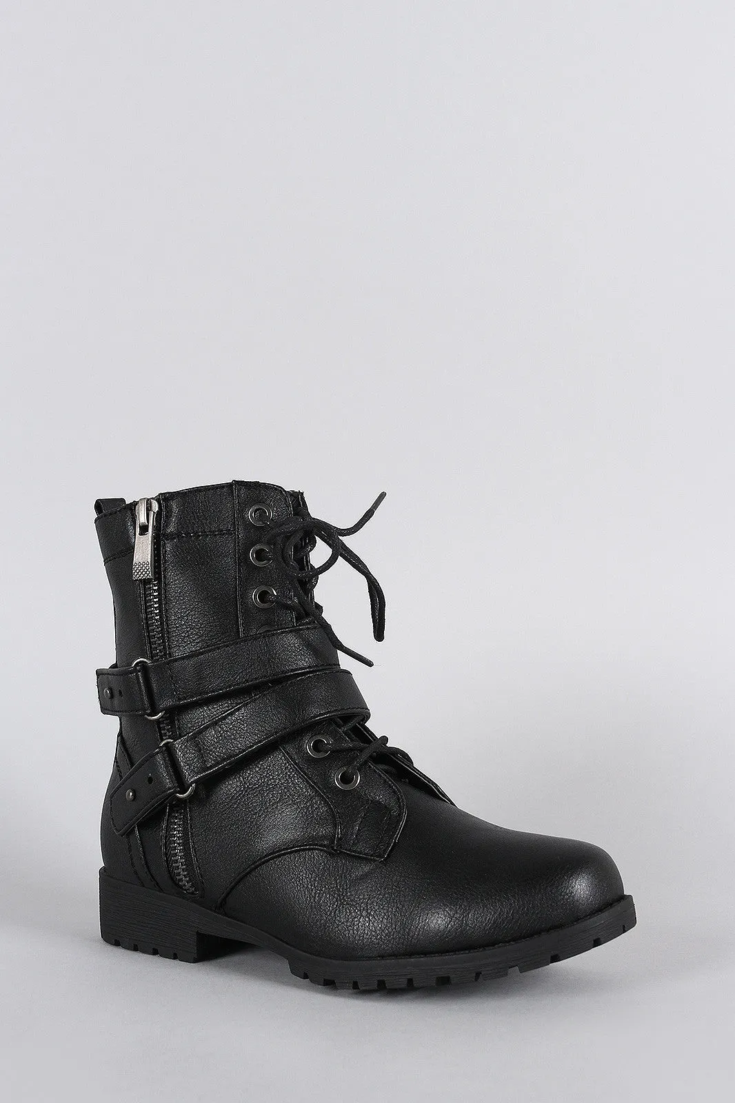 Distressed Zipper Combat Lace Up Ankle Boots