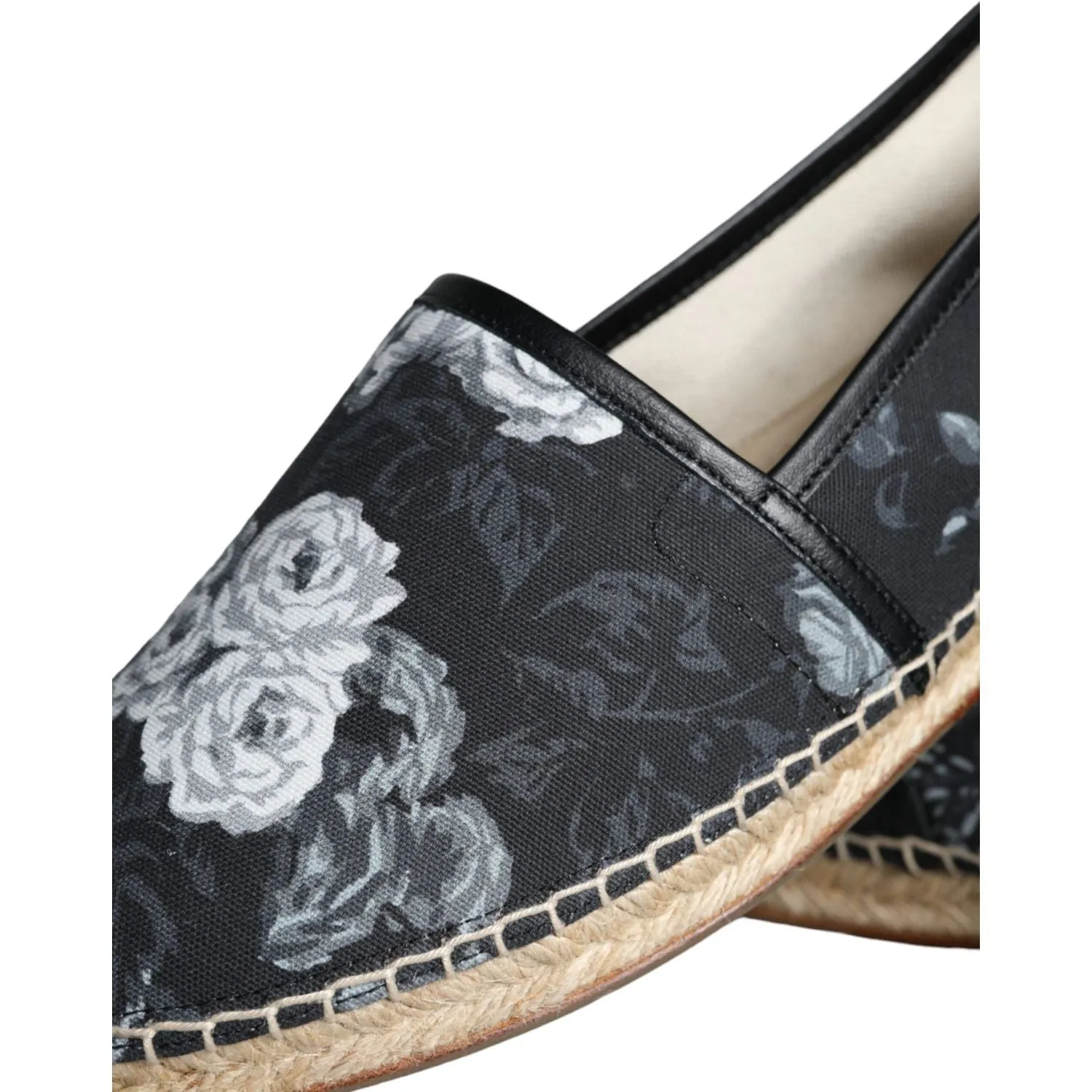 Dolce & Gabbana Black Floral Cotton Leather Espadrilles Shoes