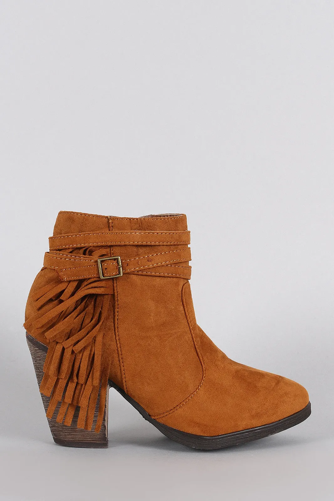 Dollhouse Suede Belted Fringe Chunky Heel Booties