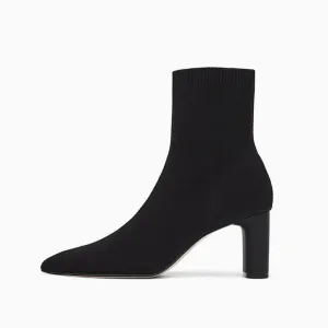 Elegant Pointed Toe Chunky Heel Mid Calf Sock Boots - Black