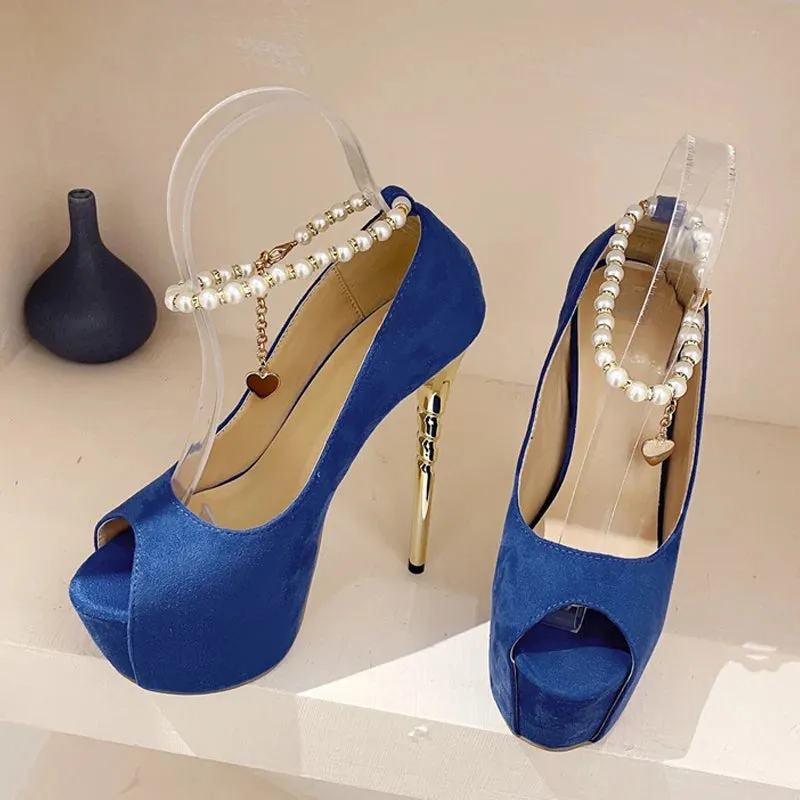 Faux pearl ankle strap Platform High Heel Shoes