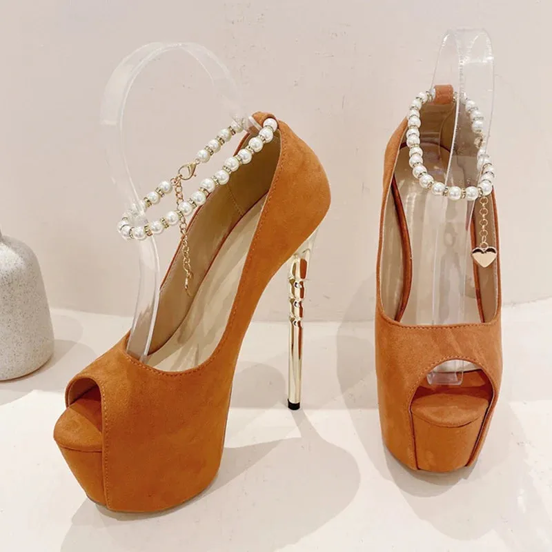 Faux pearl ankle strap Platform High Heel Shoes