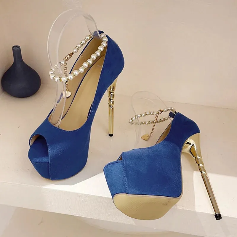 Faux pearl ankle strap Platform High Heel Shoes