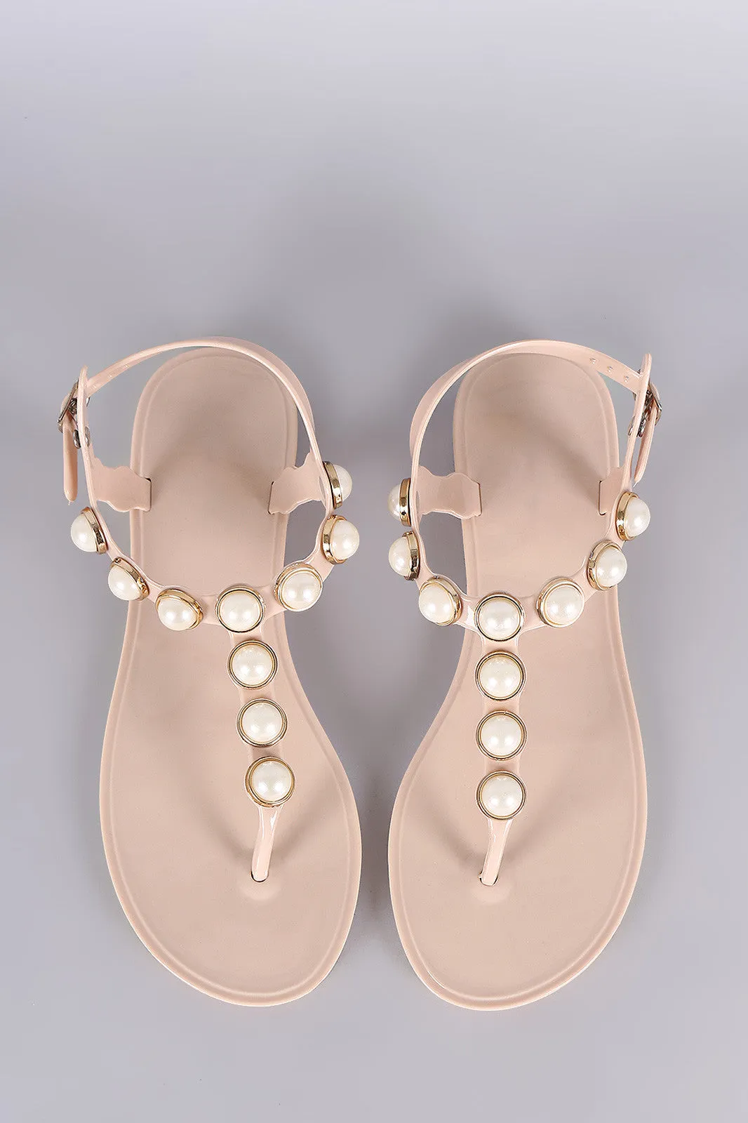 Faux Pearl Embellished T-Strap Thong Flat Sandal