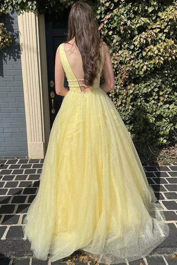 Glitter Yellow A-Line Beaded Long Tulle Prom Formal Dress PSK529