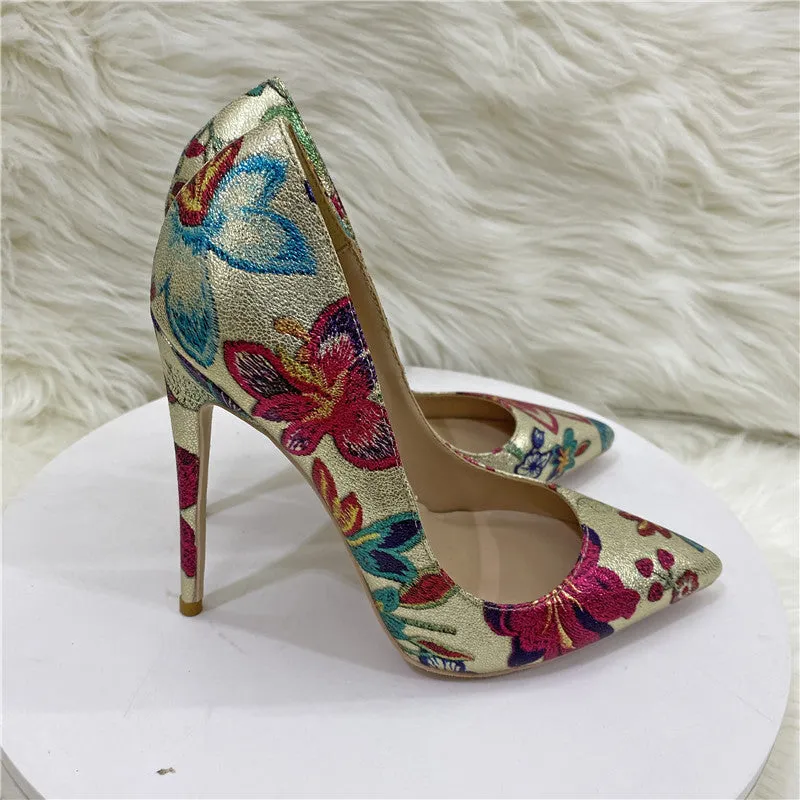 Gold Floral Print Pointed Toe Stiletto Pumps