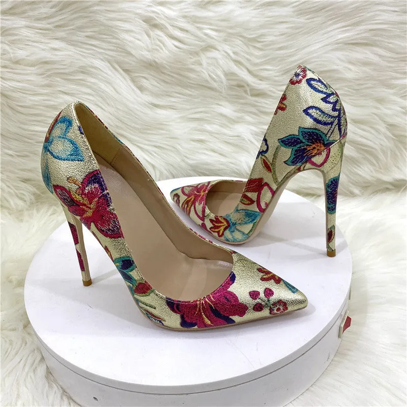 Gold Floral Print Pointed Toe Stiletto Pumps