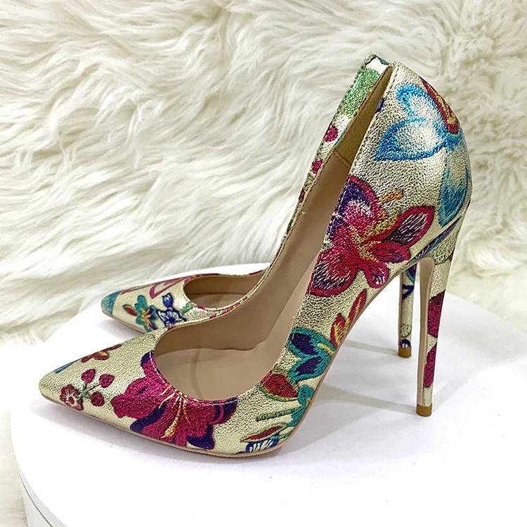 Gold Floral Print Pointed Toe Stiletto Pumps