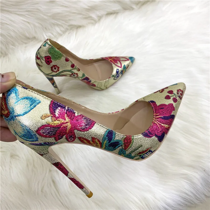 Gold Floral Print Pointed Toe Stiletto Pumps