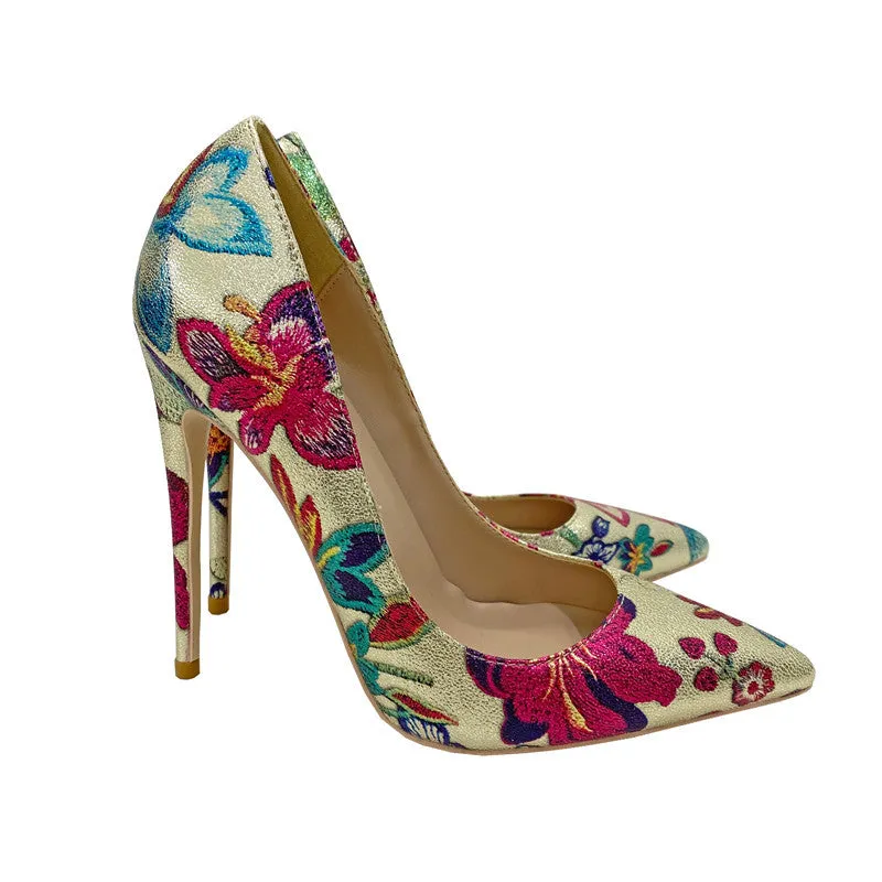 Gold Floral Print Pointed Toe Stiletto Pumps