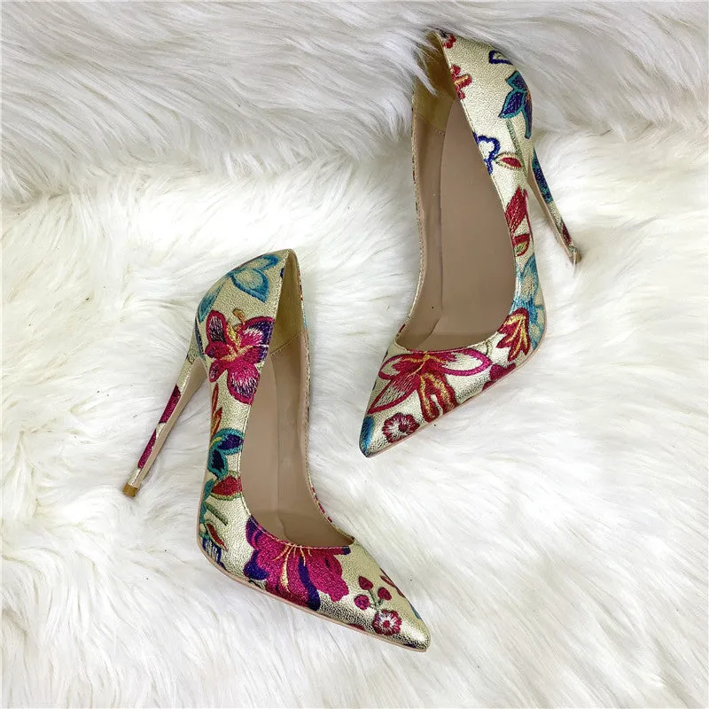 Gold Floral Print Pointed Toe Stiletto Pumps