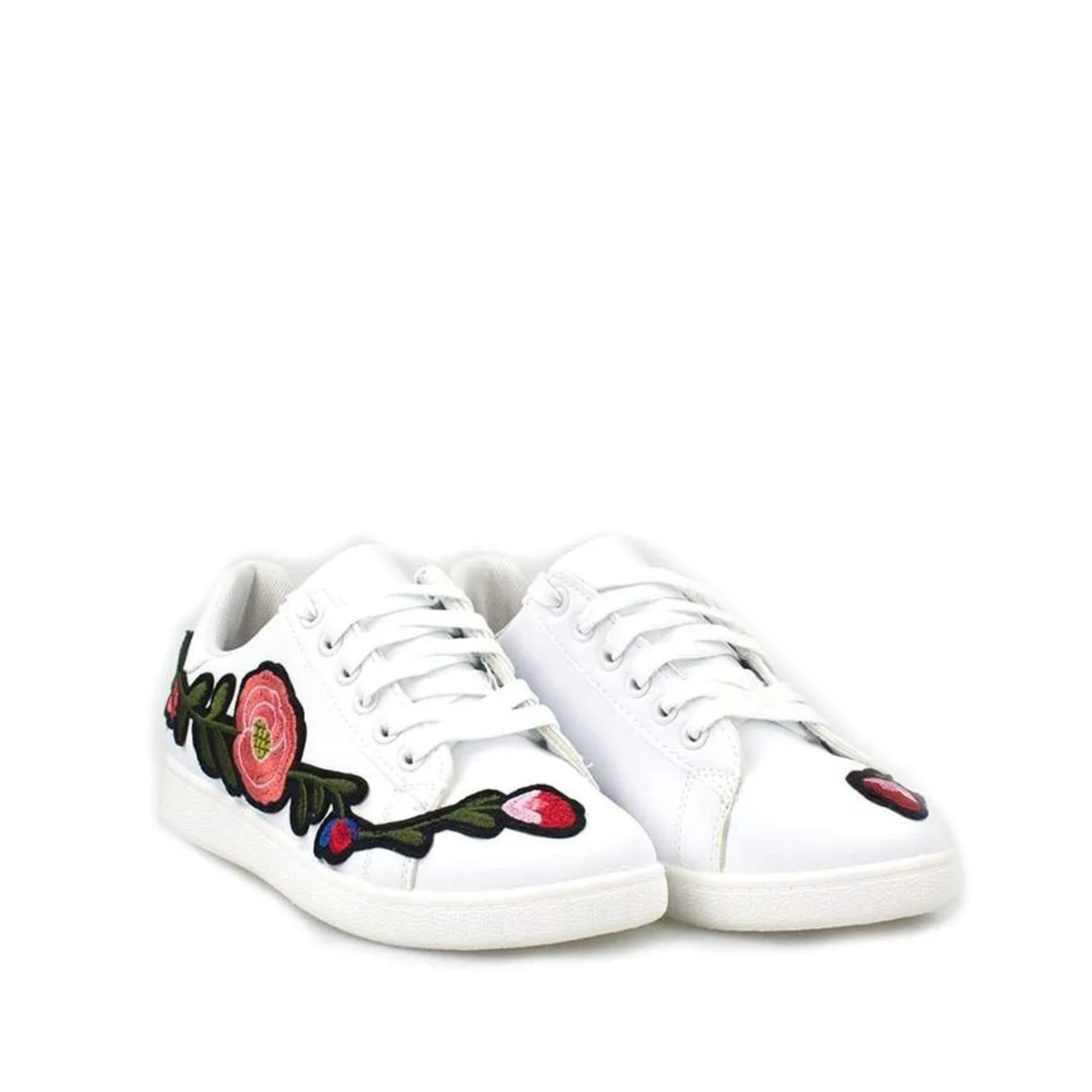 Harlea Floral Embroided Lace Up Trainers In Faux Leather