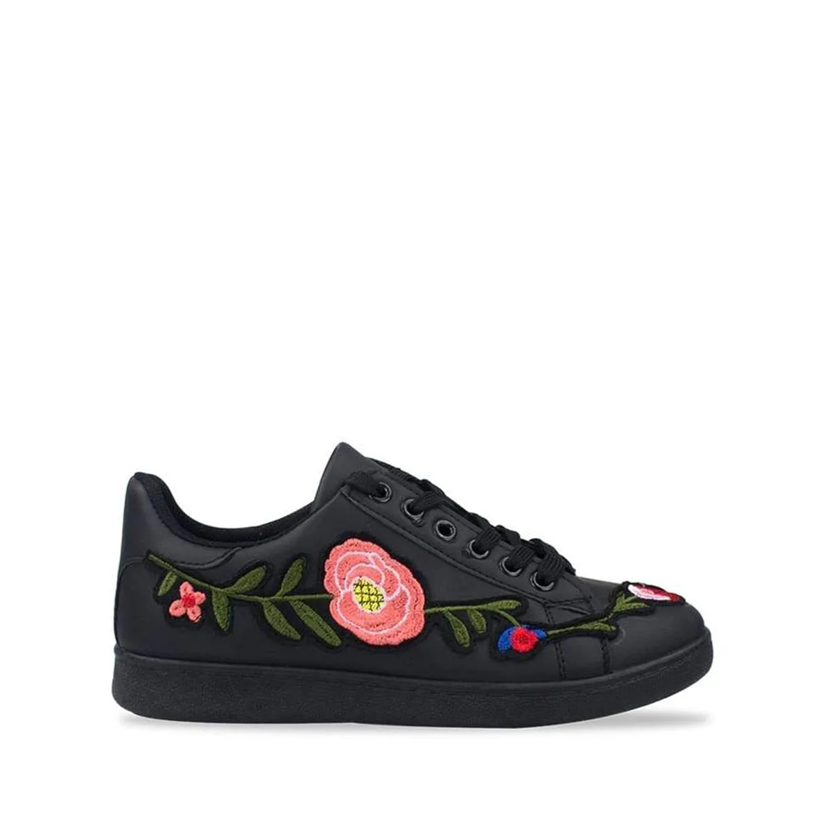 Harlea Floral Embroided Lace Up Trainers In Faux Leather