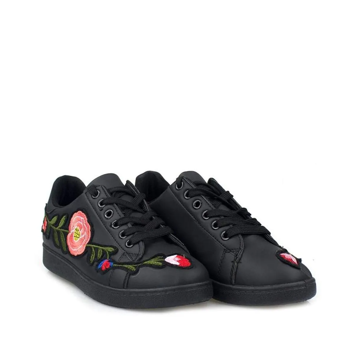 Harlea Floral Embroided Lace Up Trainers In Faux Leather