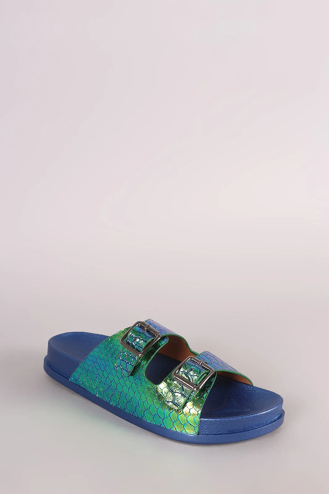 Holographic Snakeskin Buckled Slide Sandal