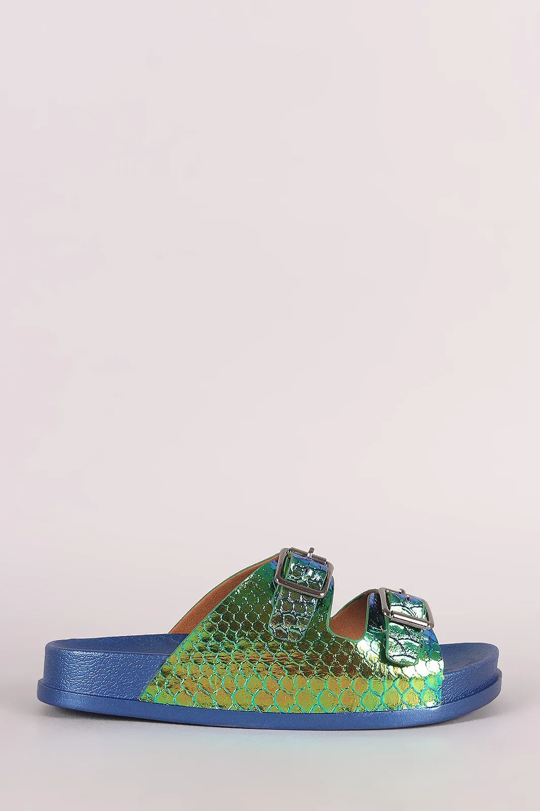 Holographic Snakeskin Buckled Slide Sandal