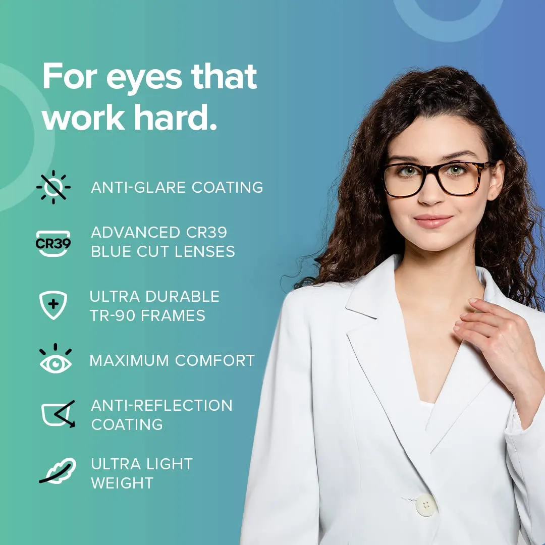 Intellilens | Zero Power Blue Cut Computer Glasses | Anti Glare, Lightweight & Blocks Harmful Rays | UV Protection Specs | For Men & Women | Transparent | Square | Medium