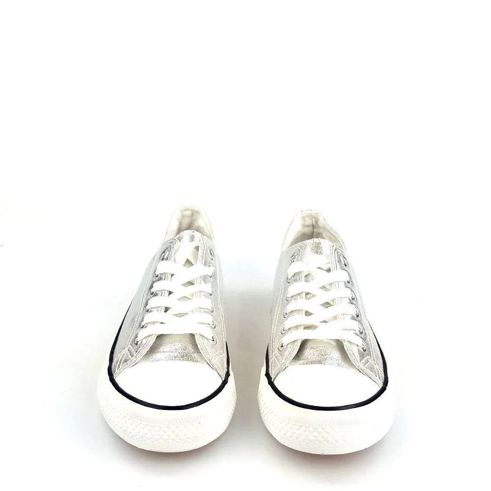 JACKIE Lace Up Metallic Canvas Trainer With Rubber Sole And Toe Cap