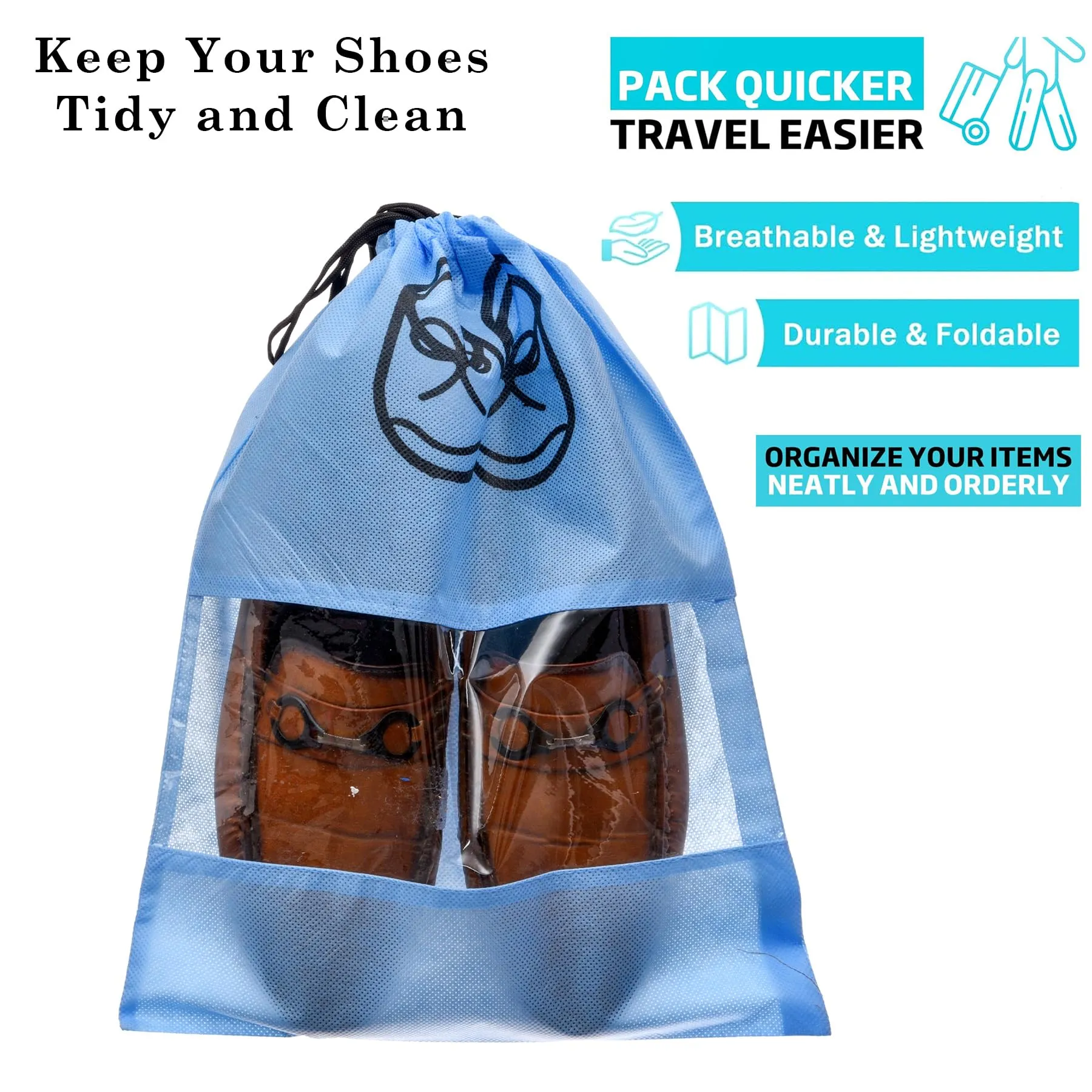 Kuber Industries Shoe Cover | Travel Shoe Storage Bags | Non-Woven Storage Bag | Shoe Cover with Drawstring | Shoe Organizer with Clear Window | Plain | Pack of 24 | Sky Blue