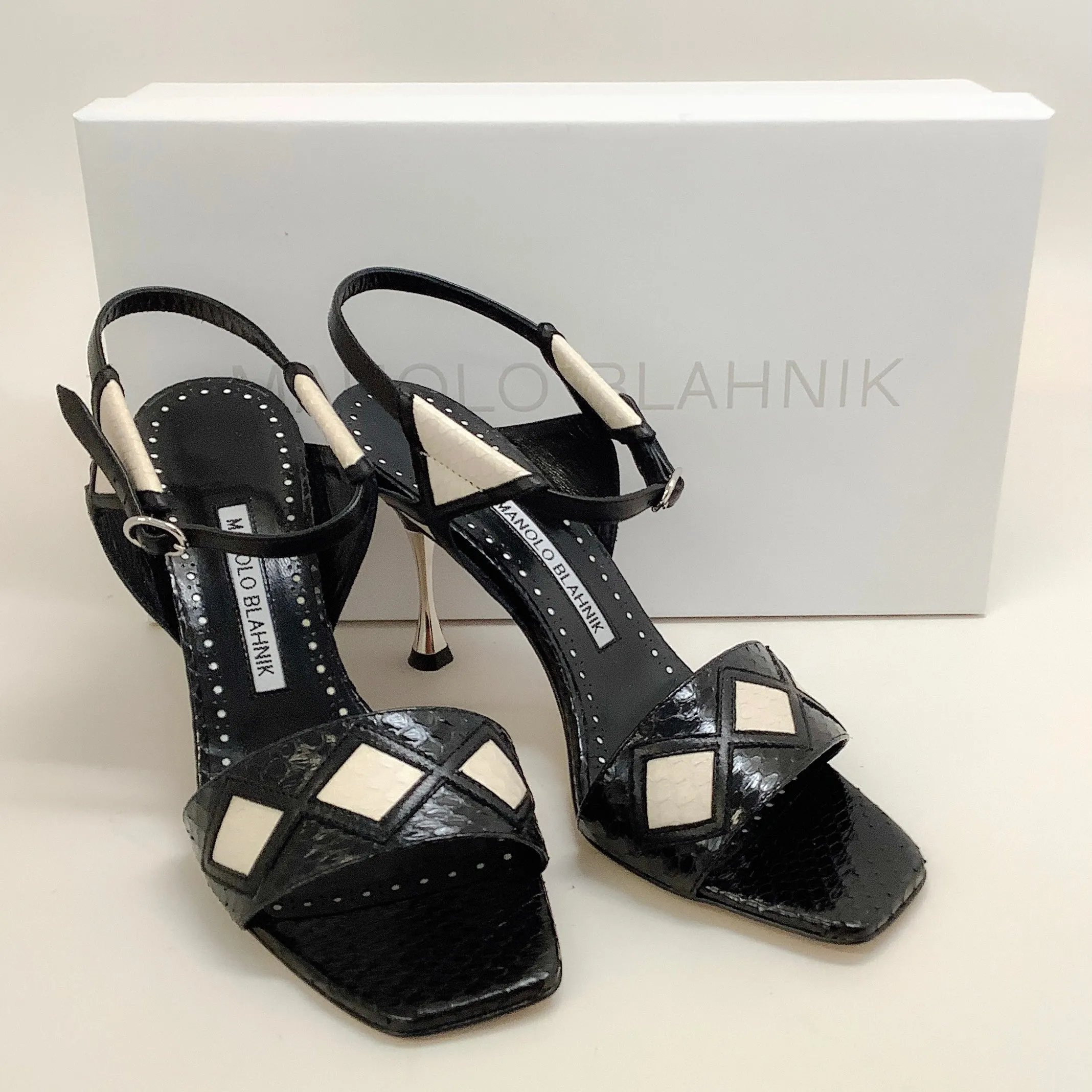 Manolo Blahnik Black / White Snake Jarba Sandals