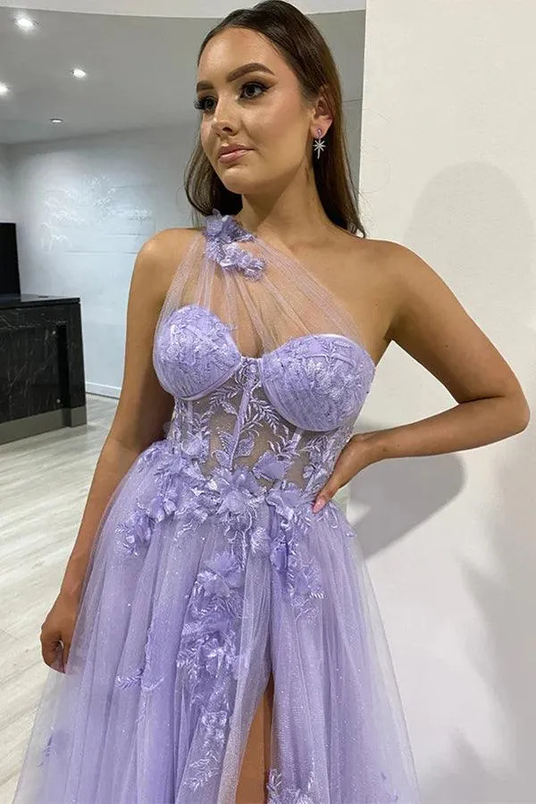 One Shoulder Purple Blue Lace Split Prom Dresses Evening Dresses PSK426