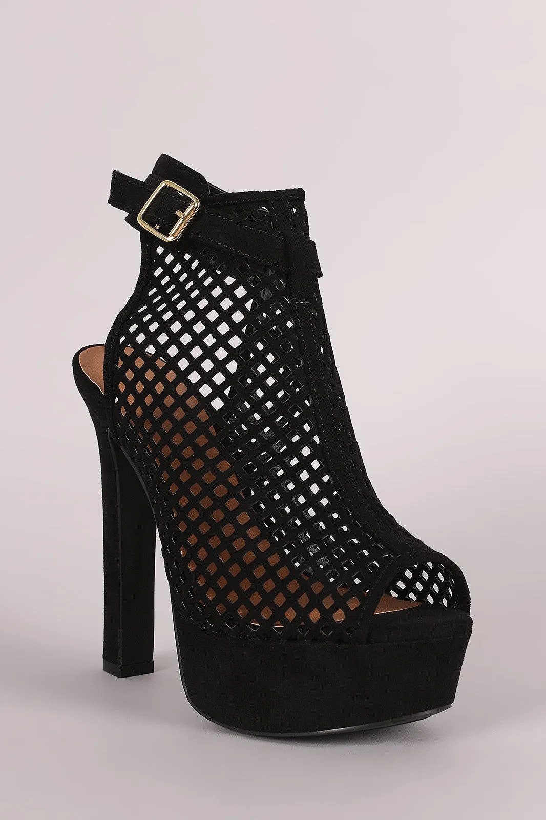 Qupid Perforated Peep Toe Platform Mule Heel