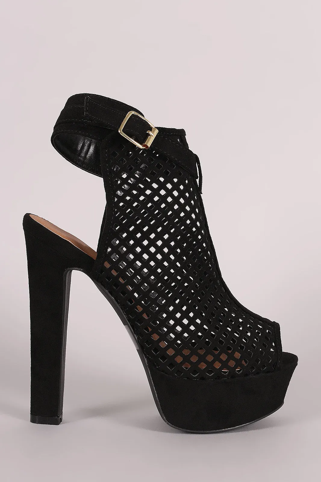 Qupid Perforated Peep Toe Platform Mule Heel